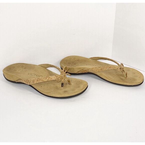 Vionic Bella Sandal Beige Neutral Flip Flop Bow Gold Cork Toe Post Comfort Sz 6 - Picture 2 of 16